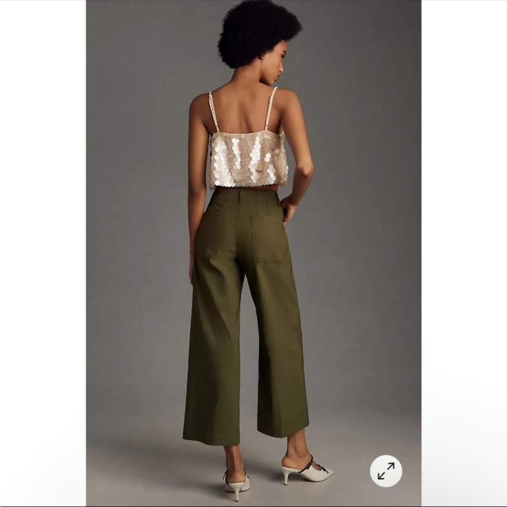 By Anthropologie Colette Cropped Wide Leg Linen-Blend Pants Green - Picture 2 of 8